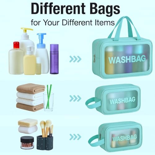 Image of Wazdorf Cosmetic Pouch Bag - Large Waterproof Wash Bag with Handle, Translucent Cosmetic Organizer for Makeup, Brushes & Accessories - Unisex Storage Pouch for Travel & Bathroom Use (Green -3 Pcs)