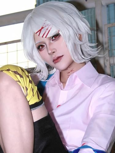 Image of Half and Half Short White Anime Wig for Juuzou Cosplay Male Silver White Layered Wig with Side Part Bangs for Women Men Unisex Halloween Party