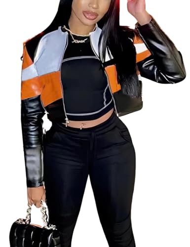 Ksotutm Women's Leather Bomber Motorcycle Jacket, Black, Long, Classic Fit, All Season, Casual, Party