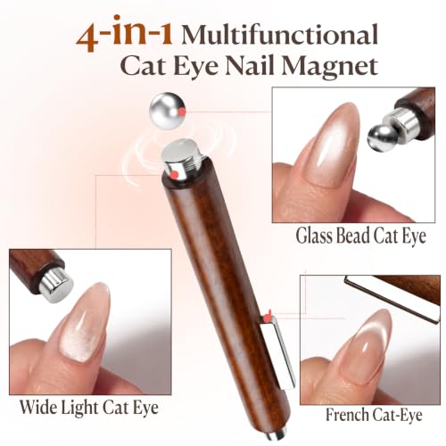 Image of AZUREBEAUTY 4-in-1 Cat Eye Nail Magnet Pen | Wooden 3-head design with round ball tip, for cat eye gel polish, ideal for home & salon DIY, magnet only, gel not included