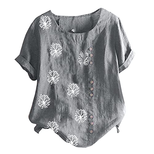 Womens Summer Tops Cotton Blend Crew Neck Short Sleeve Basic Tunic Tee Dandelion Print Vintage Shirts Top Blouse Gray #TOP3