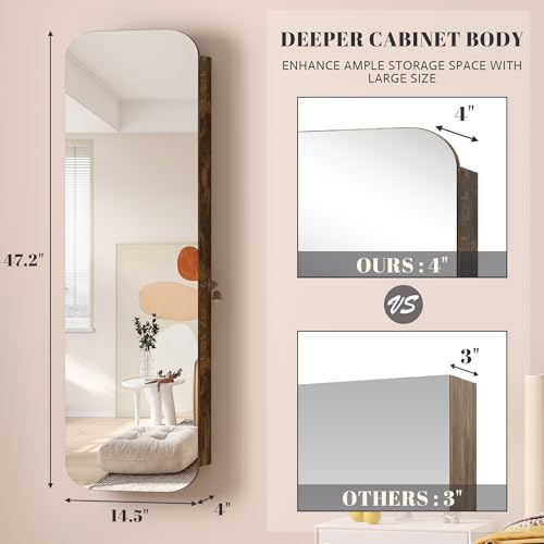 Image of Vlsrka 47.2 inch Wall /Door Mounted Jewelry Cabinet Organizer Armoire W /Mirror | 6 LEDs, Over The Door Hanging Jewelry Organizer with Rounded Corner Mirror, Lockable Full Length Mirror with Storage, Brown
