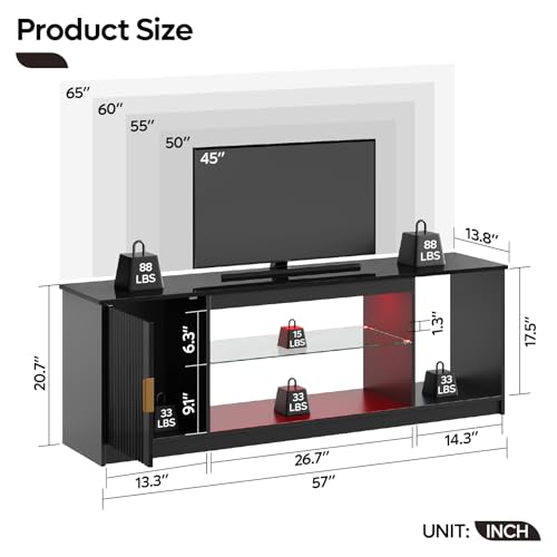 Bestier 57 inch Fluted TV Stand for 65 Inch TV, Gaming Entertainment Center with Cabinet for PS5, Modern TV Console with Adjustable Glass Shelf for Living Room Bedroom, Glossy Black by Bestier - Image 2
