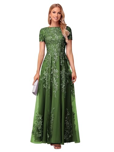 YOFF Lace Appliques Mother of The Bride Dresses Short Sleeves Long Sequin Beaded Formal Evening Prom Dress YO149