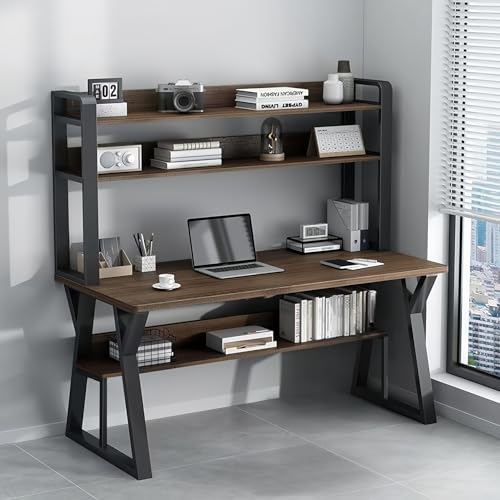 Lista de Escritorio Escolar más recomendados. 42 Escritorio Minimalista con Cajones y Repisas Escritorio Multifuncional con Estante de Almacenamiento de 3 Capas Marco de Metal &Tablero de Madera - Fácil de Montar100x50x148CM...