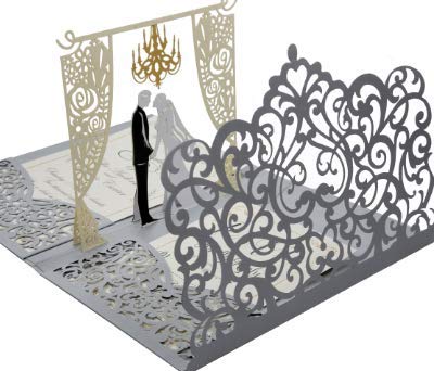 Pack of 50 Pop up 3D Wedding Invitations with Silver Laser Cut Pocket-Folds. Laser Cut Wedding Invitations. Blank Invite and RSVP Card Stocks and Envelopes Included