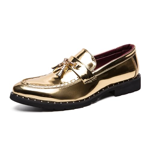 Men's Patent Leather Tassel Slip-On Loafers Shine Golden Wingtip Low Top Prom Shoes Luxury Penny Shoes for Party Perform Socialize