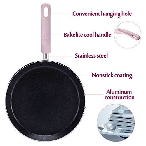 Crepe Pan, ROCKURWOK Nonstick Pancake Pan with Silicone Handle Frying Skillet Griddle for Omelette, Tortillas, Dosa, 9.5-Inch, Pink