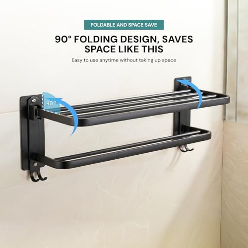 Image of MIORAH 24 Inch Powder - Coated Aluminium Towel Rack with Hooks - Rust - Free, Space - Saving Bathroom Towel Holder, Easy Installation Black
