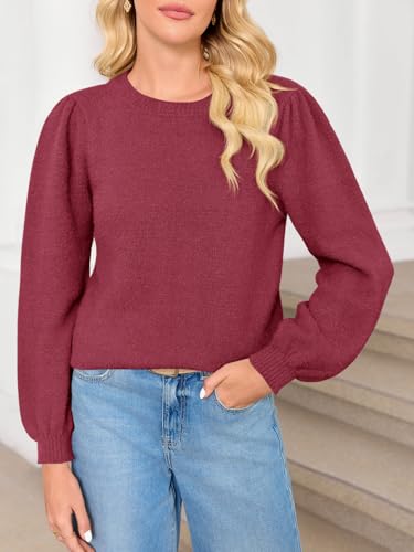 Saodimallsu Womens Puff Long Sleeve Sweaters Fall Crew Neck Cozy Soft Knit Loose Casual Pullover Tops3