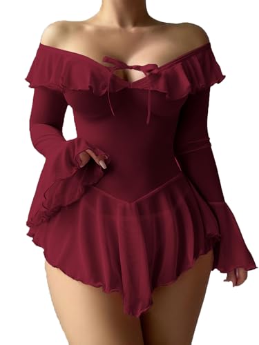 Image of OYOANGLE Women's 2 Piece Off Shoulder Long Sleeve Ruffle Mesh Sheer Nightgowns with Thongs Babydoll Lingerie Set
