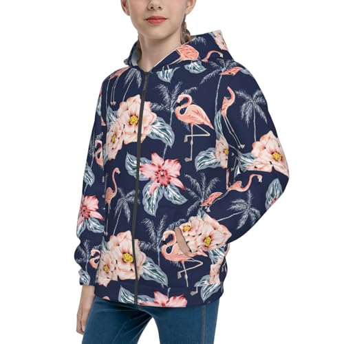 Flamingo and Palm Trees Kid Hoodies Boys Zip Up Sweatshirts Girls Pullover with Pocket