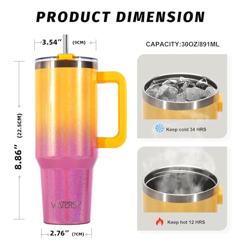Image of 30 oz Shiny Tumbler with Handle and Straw,Stainless Steel Tumbler with Lid and Straw,Insulated Travel Mug(Cold for 34 Hours),Water Bottle for Iced Tea,Coffee (Yellow)