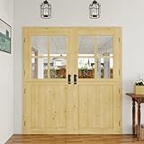 72 in x 80 in Exterior Dutch Door (Front/Back) - 1.75' Thick Solid Pine Interior Door, 4 Lite Clear Glass with Half Panel, Slab (Coffee Room/Kitchen/Entryway) 8 Hinges + 2 Latch + 2 Slab