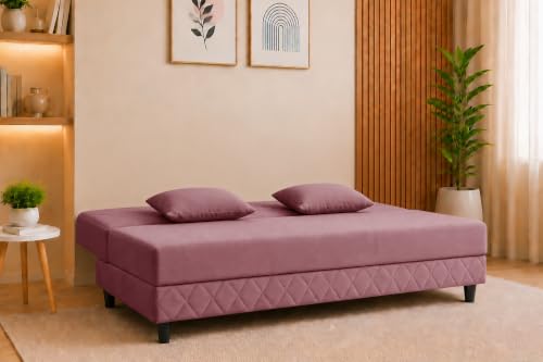 Image of Velvet Fabric Sofa Cum Bed | 3 Seater Sofa Bed | Premium Upholstered Folding Couch for Living Room, Guest Room & Bedroom | Quilted Backrest with 2 Cushions (Rose Pink)