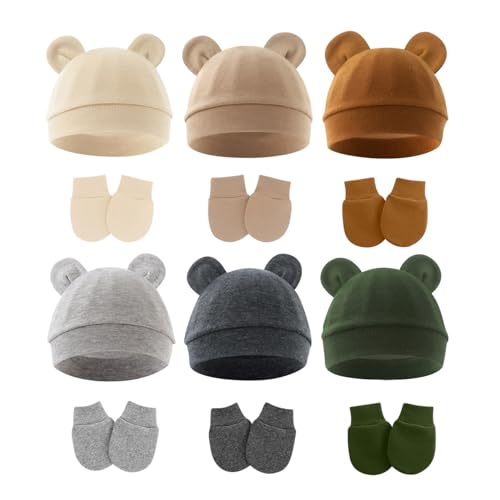 Image of ZURLEFY Cotton Baby Hats and Mittens Set Unisex, Toddler No Scratch Mittens and Beanie Cap Infant Newborn Hospital Hat