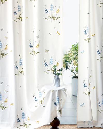 Image of Tranquebar Curtain Co. Window Curtains 5 Feet - Cotton, Room Darkening, Set of 2, BackTab, Blue Butterfly & Floral Print, Titli, Bedroom, Living Room, Kids Room