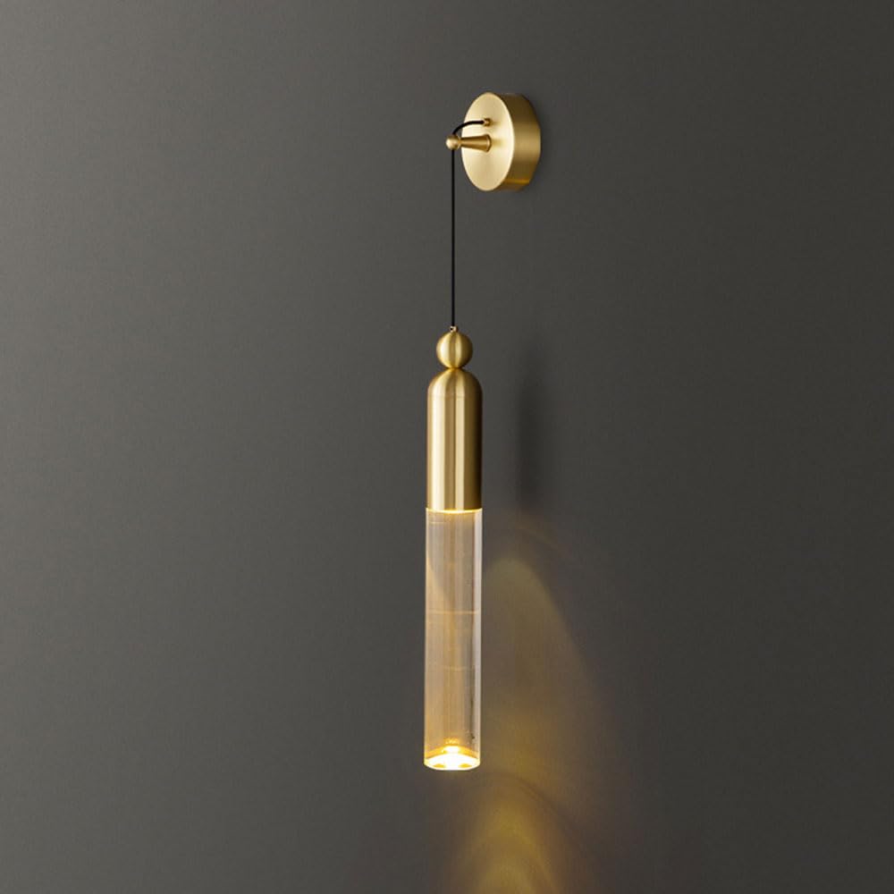 HPTHLY Hanging Crystal Wall Sconce Mid Century Brass Wall Lamp Indoor Crystal Tube Wall Light Fixture Hanging Wire Adjustable, Post E27 Copper Sconces For Be(Brass)