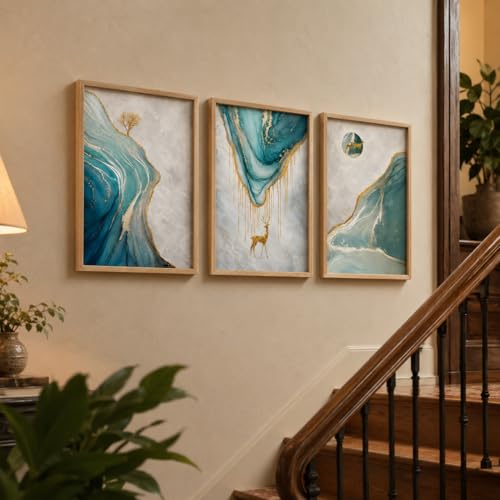 Image of Livin'luxe Set of 3 Blue Marble Deer Abstract Wall Paintings for Living Room Bedroom Home Decor with Premium Wooden Color Synthetic Frame (13.5 x 19.5 Inch) NM03-97
