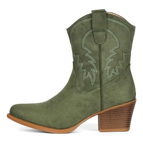 Image of IXU Cowboy Boots for Women Ankle Cowgirl Booties Wide Mid Calf Pointed Toe Western Boots Short Chunky Classic Booties