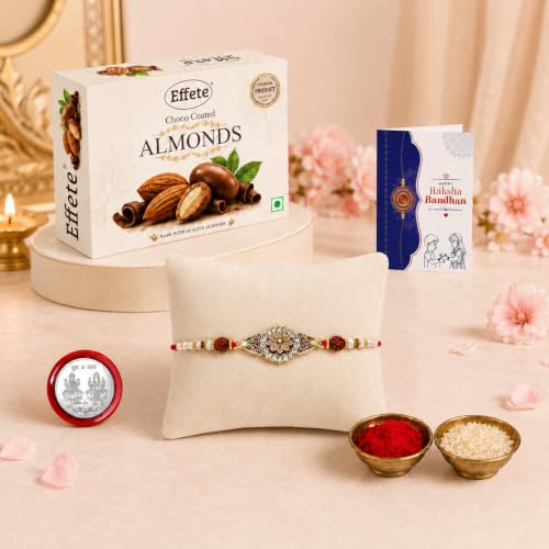 Image of DeoDap Designer Round Rudraksha Beads Rakhi for Brother, Choco Coated Almonds Chocolate 32gm, Pooja Coin, Roli Chawal & Card | Rakhi with Chocolate Combo for Raksha Bandhan