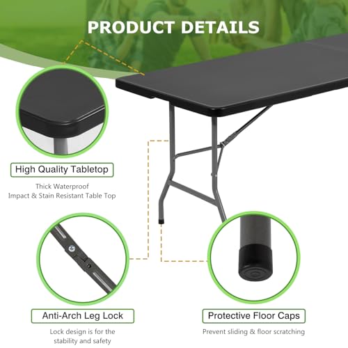 Image of BestOffice 8 FT Picnic Table Folding Table Camping Plastic Table Fold Up Table Lock for Party Event, Black