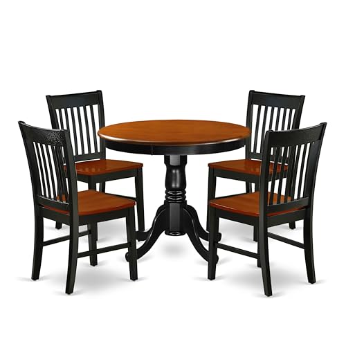 East West Furniture ANNO5-BCH-W 5 Piece Dining Set Includes a Round Dining Room Table with Pedestal and 4 Wood Seat Chairs, 36x36 Inch, Black & Cherry