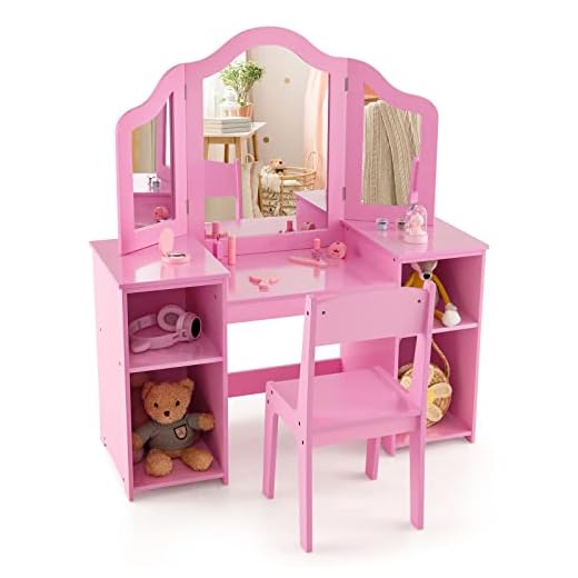 COSTWAY Juego de Tocador Infantil con Espejo y Silla, Conjunto 2 en 1 de Tocador de Maquillaje de Princesa con Espejo Tri-Plegable Removible, 4 Compartimentos de Almacenamiento para Niñas (Rosa)