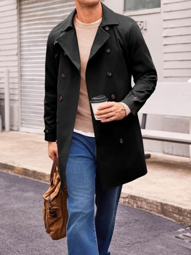 Runcati Mens Trench Coat Double Breasted Mid Long Jacket Casual Belted Overcoat Notched Lapel Windbreaker2