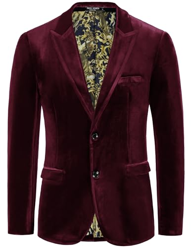 PJ PAUL JONES Blazer en velours pour homme à deux boutons - Coupe ajustée - Pour dîner, bal de fin d'année, mariage, noir/rouge, Taille XL