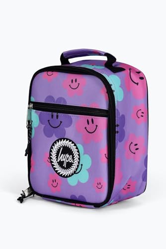 hype Unisex Lunch Box Purple with Happy Flowers in Pink Blue & Purple School Bag for Kids Stylish Lunch Bag with Bottle Holder 3 Storage Compartments Inside Thermal Lining & Grab Handle