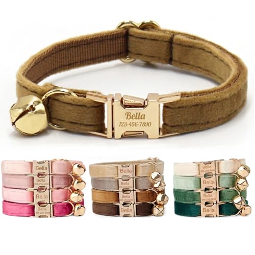 Colorful Velvet Custom Cat Collar Personalized Cat Collar with Name Engraved Collar for Small Large Cat Kitten with Bell Optional Bowtie and Leash (Brown S)
