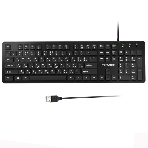 MIKUSO Wired Russian USB Keyboard with Cyrillic Letters English ЙЦУКЕН Layout- Full Size Design with Number Pad,Suitable for Russian Translation, Self-Study, Academic Research,Non Worn Characters