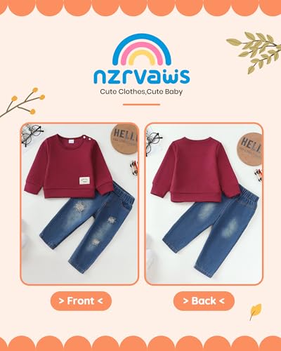 Image of NZRVAWS Toddler Baby Boy Clothes Pullover Sweater Ripped Jean Sweatsuit Little Boy Outfit Fall Winter Clothing Set 6M-7T