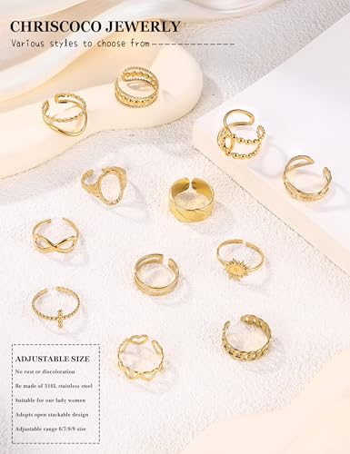 Chriscoco 12 Stück Verstellbar Ringe Set Edelstahl Ringe Frauen Vintage Edelstahlringe Boho Freundschaftsringe Stapelbare Damen Kinderringe Mädchen Ringe Gold Frauen