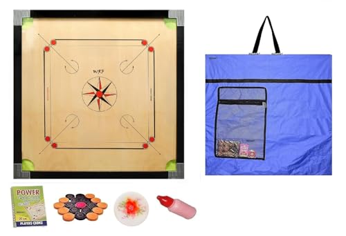 Image of Superior Matte Finish Practice Carrom Board for Serious Professional Practice with Coins Striker and Powder Black New (32 inch Cut Carrom with Blue Cover)