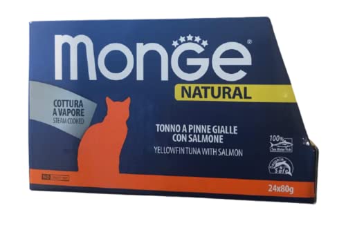 Monge Natural superpremium quality Atún de aletas amarillas con salmón para gatos, cocción al vapor. Paquete de 24 cajas (80 gr. el uno). Sin colorantes ni conservantes