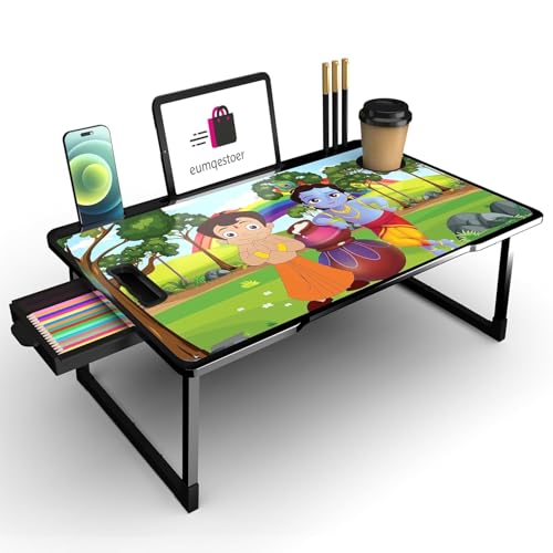 Image of Foldable Wooden Mini Laptop Table for Bed, Study Table with Drawer, Tablet /Mobile Holder for Kids & Adults (US-BHIM Krishna COTED)