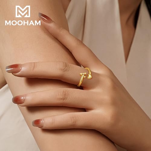 M MOOHAM Gold Rings for Women Girls - 14K Gold Plate Initial Rings for Women Non Tarnish Letter A- Z Dainty Heart Ring Adjustable Pinky Ring Personalized Jewelry Gifts2