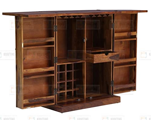 Image of Solid Sheesham Wood Foldable Bar Cabinet for Home | Wooden Wine & Liquor Storage Cabinet with Bottle Shelves, Built-in Wine Glass Holder & Drawer | Bar Unit for Living Room & Dining Room |Honey Finish