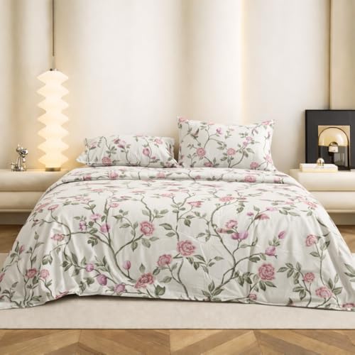 Image of Super King Size Bedsheet | Cotton Flat Sheet Skin Friendly with Two Pillow Covers| 300 TC | Super Soft Bed Sheet for Double Bed | Floral Design (272 x 272 cm, Vintage Pink Bloom)
