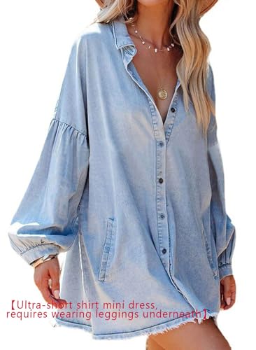 Image of loveimgs Women Oversized Distressed Denim Button Down Shirt Tunic Dress Flowy Mini Jean Dress with Pockets