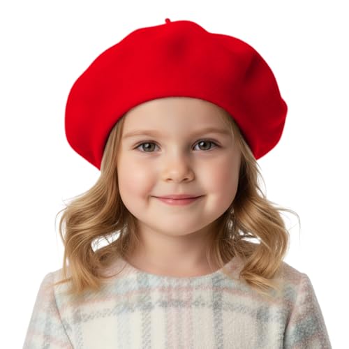 Opromo Boina clássica de lã, gorro de artista para menina, chapéu de estilo francês, 24 cm de diâmetro, Vermelho, Talla única