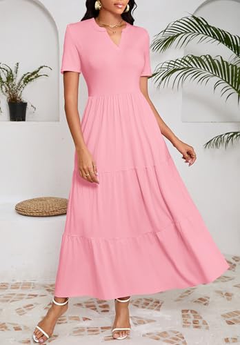 Women 2025 Casual Loose Maxi Dress with Pockets V Neck Short Sleeve Tiered Long Summer Beach Swing Dresses3