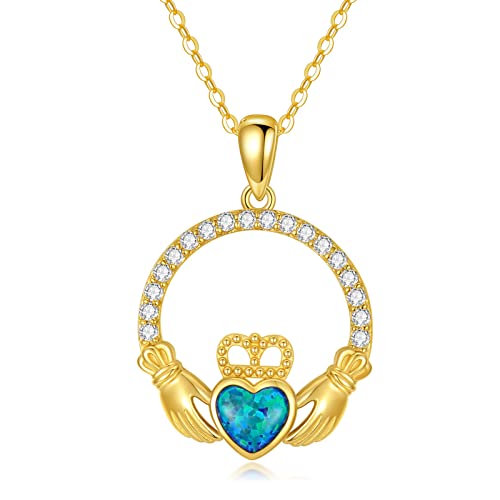 Muuyon 14K Gold Claddagh Necklace For Women, Real Yellow Gold Green Blue Opal Irish Claddagh Pendant Necklace, Irish Jewelry For Girls Ladies Mom Sisters, 16"+1"+1" #TOP15