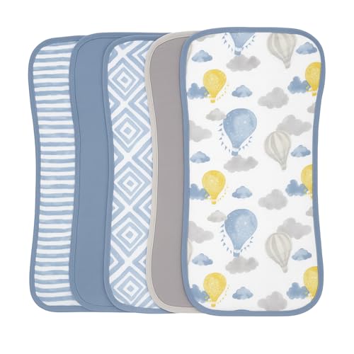 Image of Featherhead™ 5-Pack Muslin Burp Cloths for Baby Boy Large 22" X 11" - Ultra Soft & Extra Absorbent Cotton Terry Backing (Blue Balloons)
