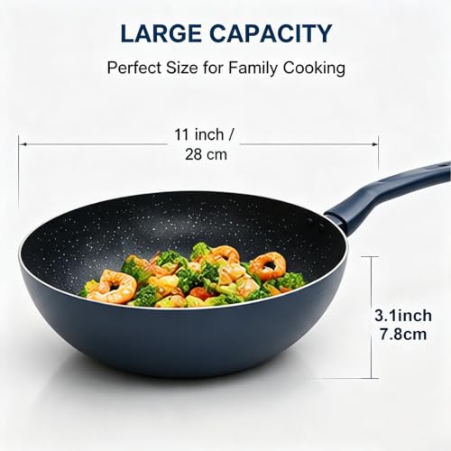 CYPHERTAN NonStick Wok 11''/5QT Woks & Stir-fry Pans Nonstick Granite Wok Pan Deep Frying Pan, Compatible with All Stovetops (Navy Blue) - image 2