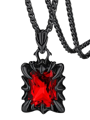 FaithHeart Gothic Dragon Claw Necklace for Men, Punk Biker Stainless Steel Amulet Pendant with Black/Red/Green/Blue Gemstone, Gift Box