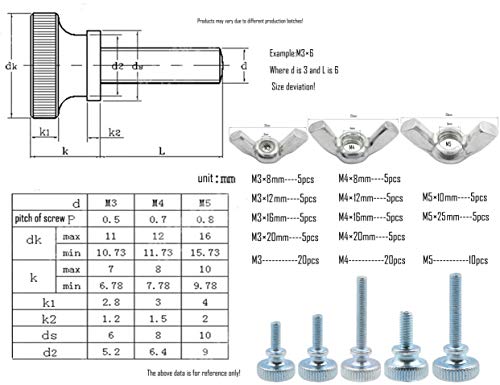 Lby LBY-061-20 100Pcs Knurled Hand Screw, M3/M4/M5 Knurled Head Fully Threaded Thumb Screws(Double Layer Step) And Wing Nuts 13 Kinds Assortment Kit thumb #2