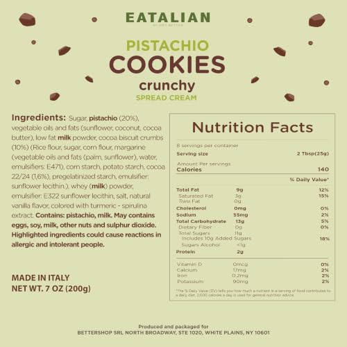 Image of EATALIAN by AMZ BETTER Pistachio Cream with Sweet Crunchy Cookies, 7 oz /200 gr, Delicious Spread with a Uniquely Sweet Taste, Ideal on Bread, Excellent for Dubai Chocolate, Made in Italy